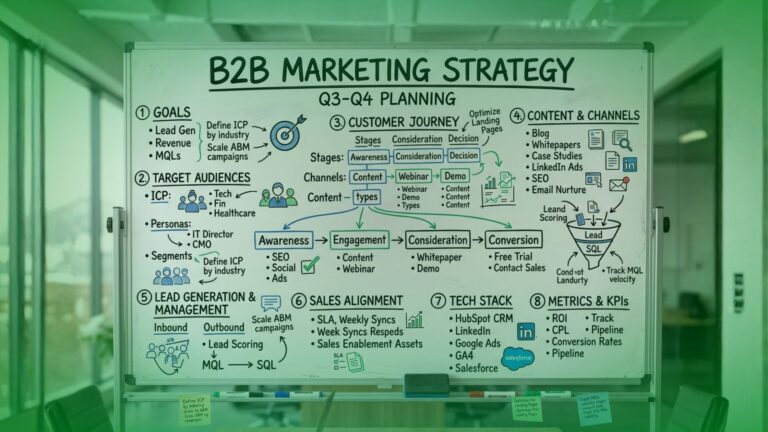 A marketing strategist mapping out a complex B2B buyer journey on a whiteboard, representing the custom SEO and content roadmap Digital Hunters builds for MSPs.