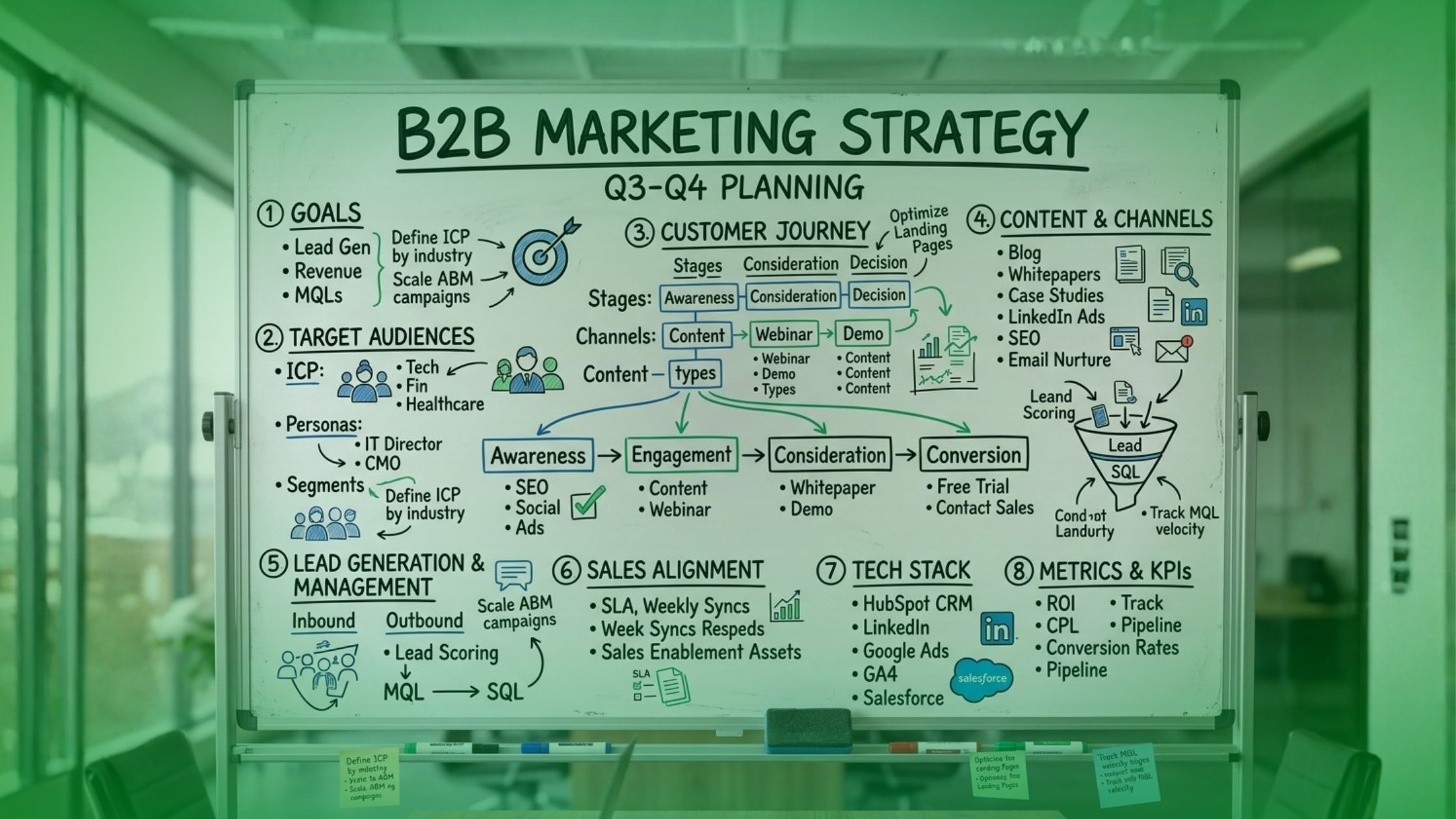 A marketing strategist mapping out a complex B2B buyer journey on a whiteboard, representing the custom SEO and content roadmap Digital Hunters builds for MSPs.