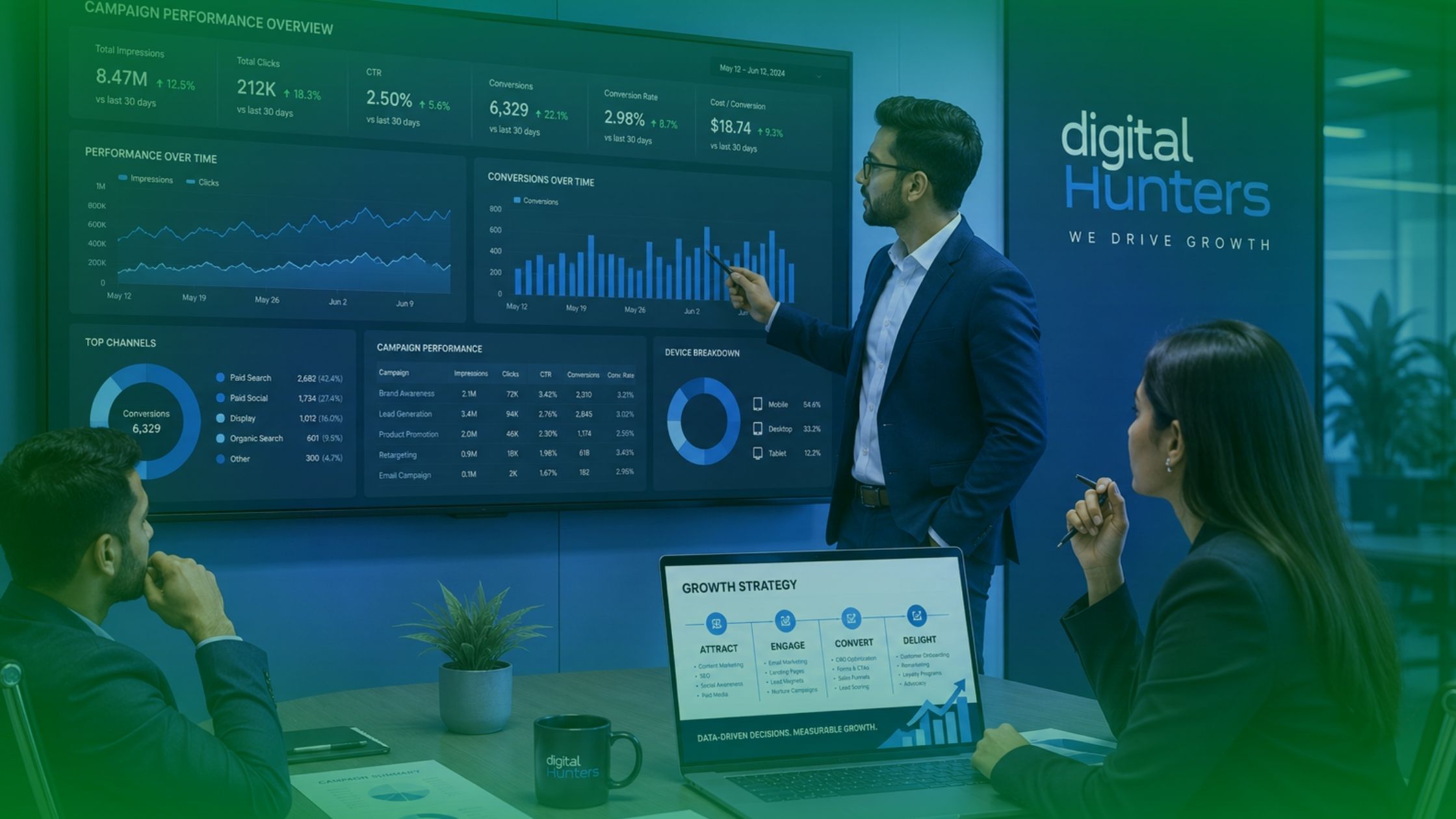 Marketing professionals reviewing digital campaign performance and growth strategy using analytics dashboards.