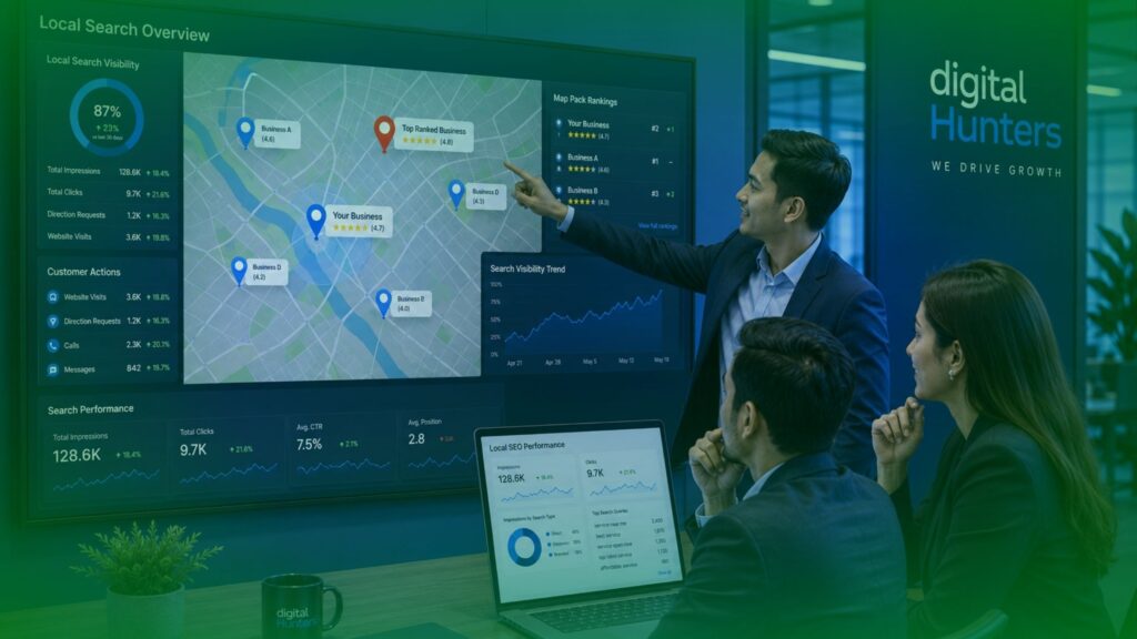 Local business search results displayed on a digital map with location markers and search visibility indicators.