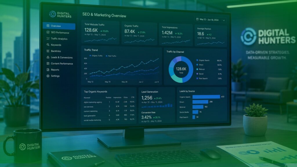 SEO and marketing analytics dashboard displaying website traffic, search performance, and lead generation metrics.