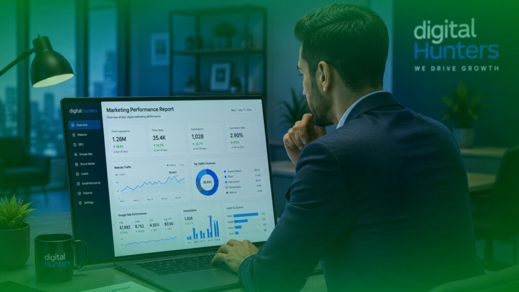 Business professional reviewing local marketing performance reports and lead generation metrics on a laptop.