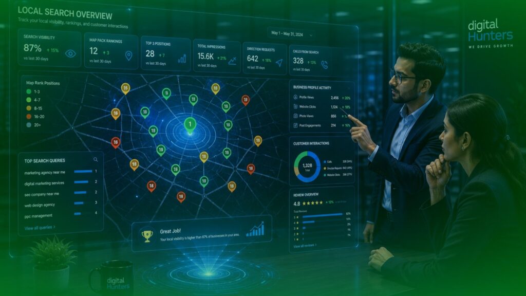 Digital marketing dashboard displaying Google Ads performance, click-through rates, and campaign analytics.