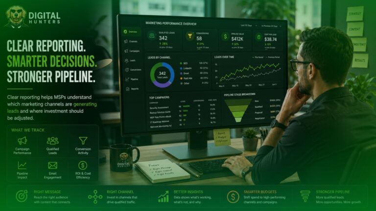 Marketing consultant dashboard reviewing campaign results, lead activity, website traffic, and conversion signals for MSPs.