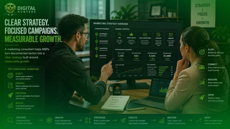 Marketing consultant dashboard for MSPs showing campaign planning, SEO, social media, email, branding, and performance analysis.