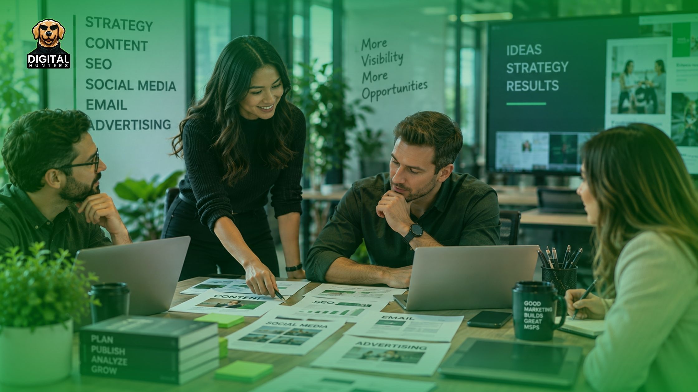 Digital marketing professionals coordinating content, SEO, social media, email, and advertising campaigns