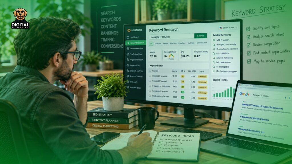 SEO professional researching keywords and search opportunities for a technology company
