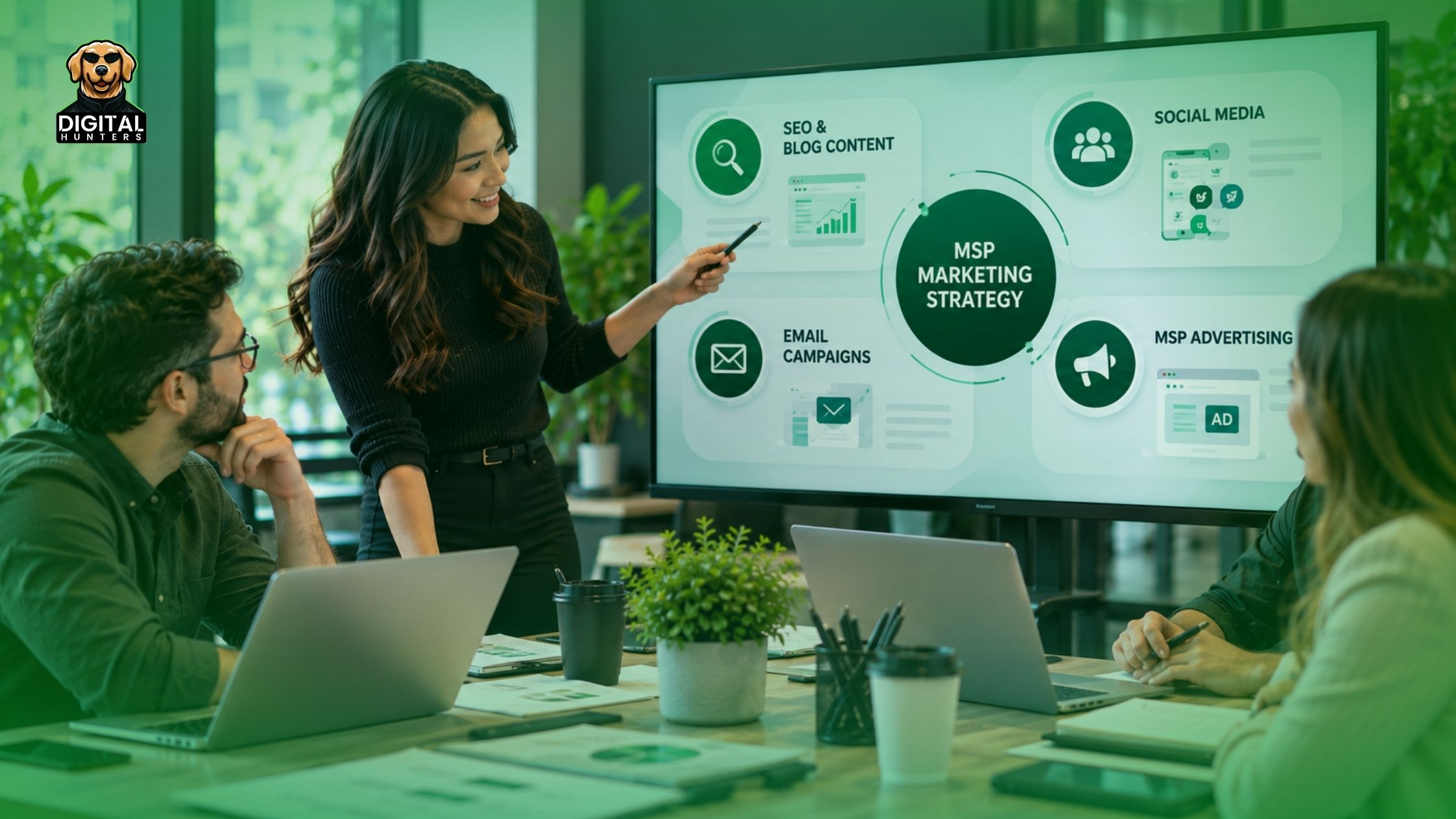 Marketing professionals collaborating on a digital marketing strategy for a technology business