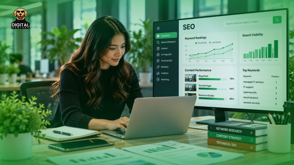 Digital marketing professional working on search engine optimization for a technology business