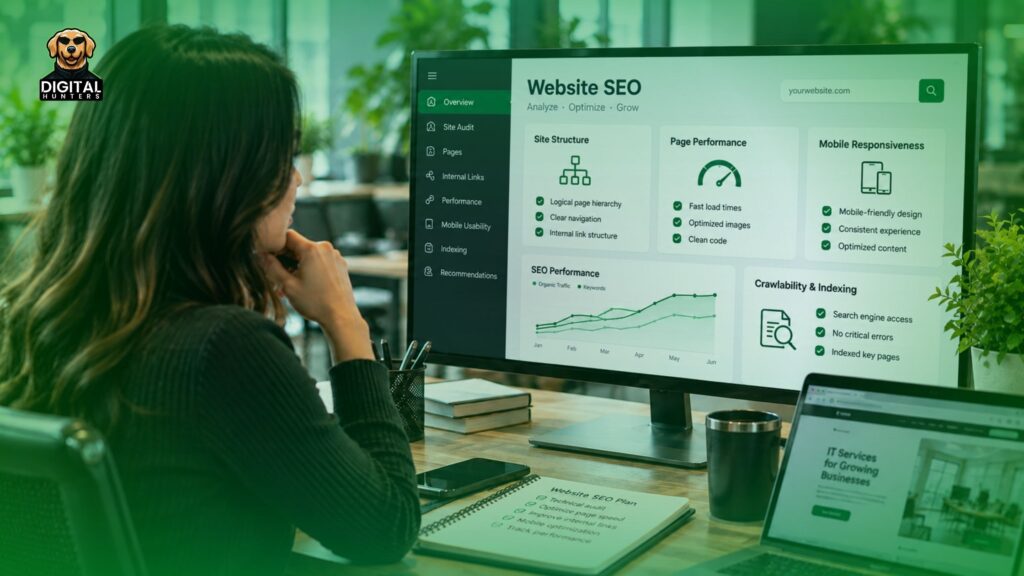 Digital professional reviewing website structure and SEO performance on a computer